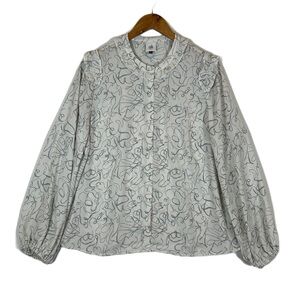 CAbi Women's White Balloon Sleeve Button Down Ribbon Trim Blouse‎ Large #4232